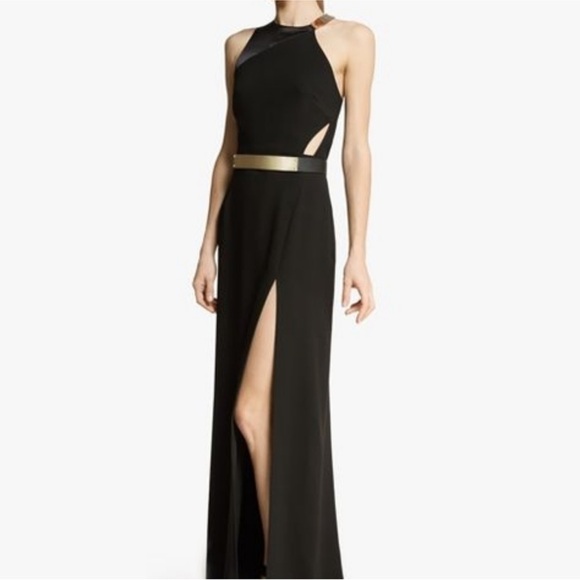 Halston Heritage Black Long Crepe Dress with Gold Belt high slit size 4 - Picture 2 of 16